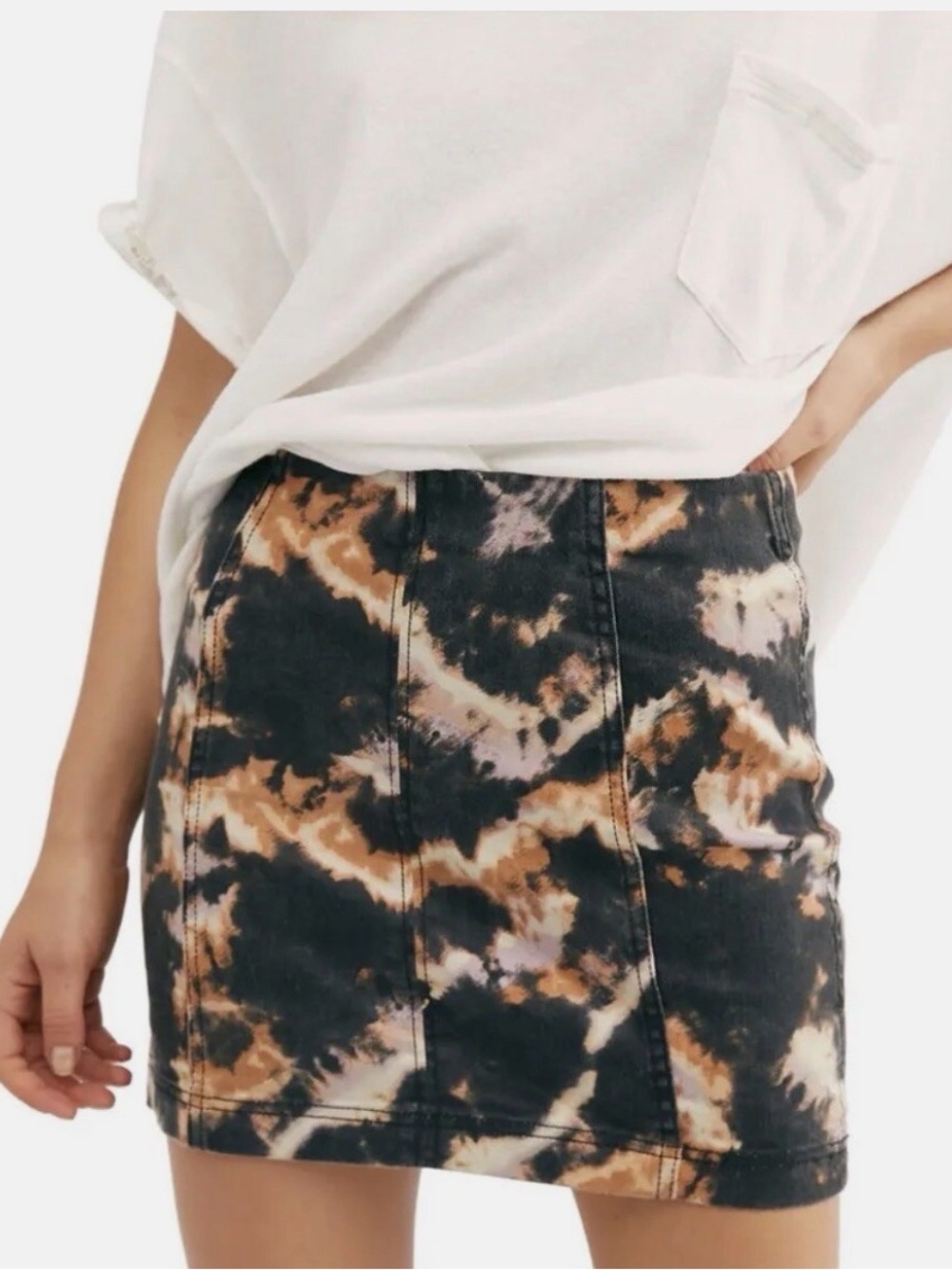 Free People Bleached Acid Wash Denim Mini Skirt Size 6 Black Y2K Zip Front